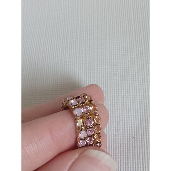 Gold Toned Metal Pink and Orange Rhinestone Encrusted Stretchy Elasticized Ring - Picture 2 of 7
